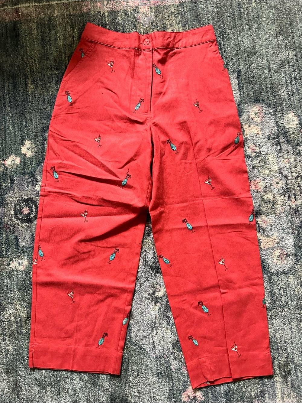 Quirky Sun Moda Women's Red Embroidered Cocktail Print Trousers Resort Linen